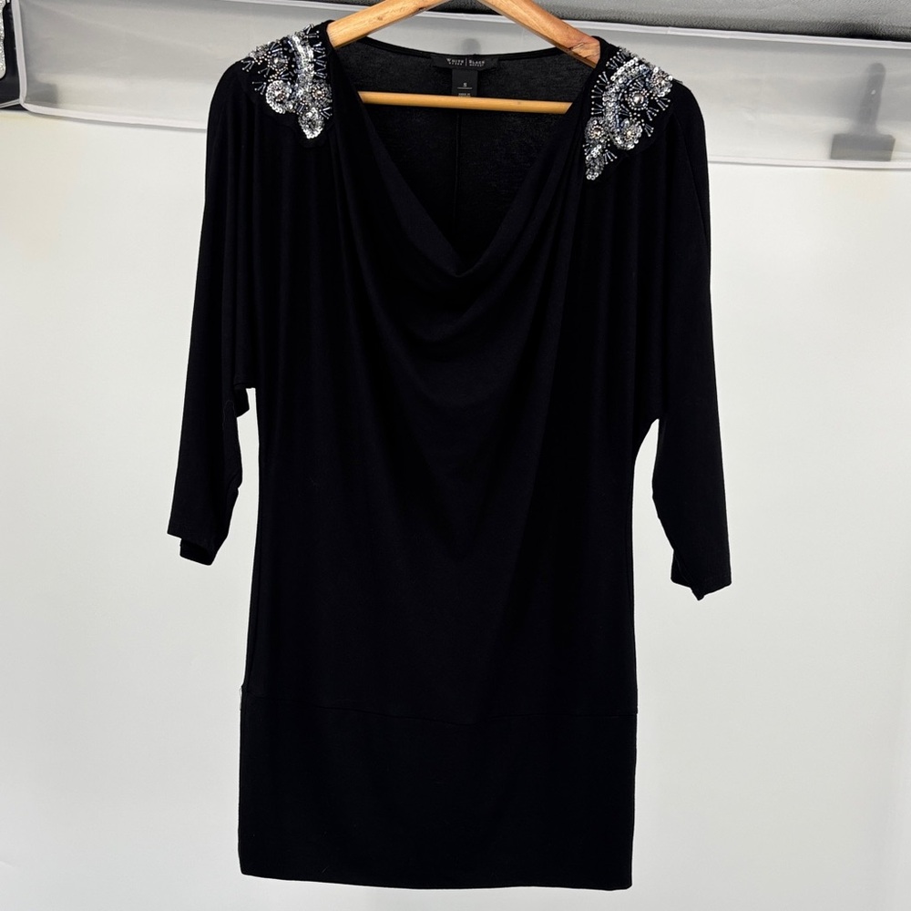 WHBM Black Dress With Beaded Sequin Shoulders, Knee Length Cowl Neck, Size Small